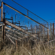 The grandstands that sit outside of the first turn, now rusted and being overtaken by weeds.
